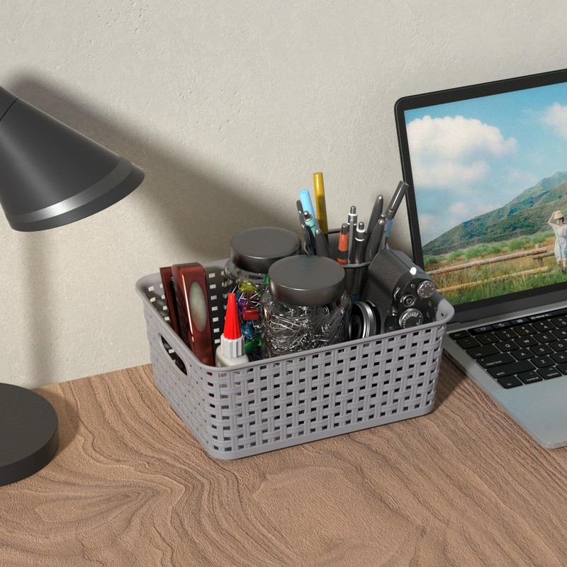 Knifefish 6-Pack Plastic Woven Baskets, Rectangular Rattan Basket for Organizer