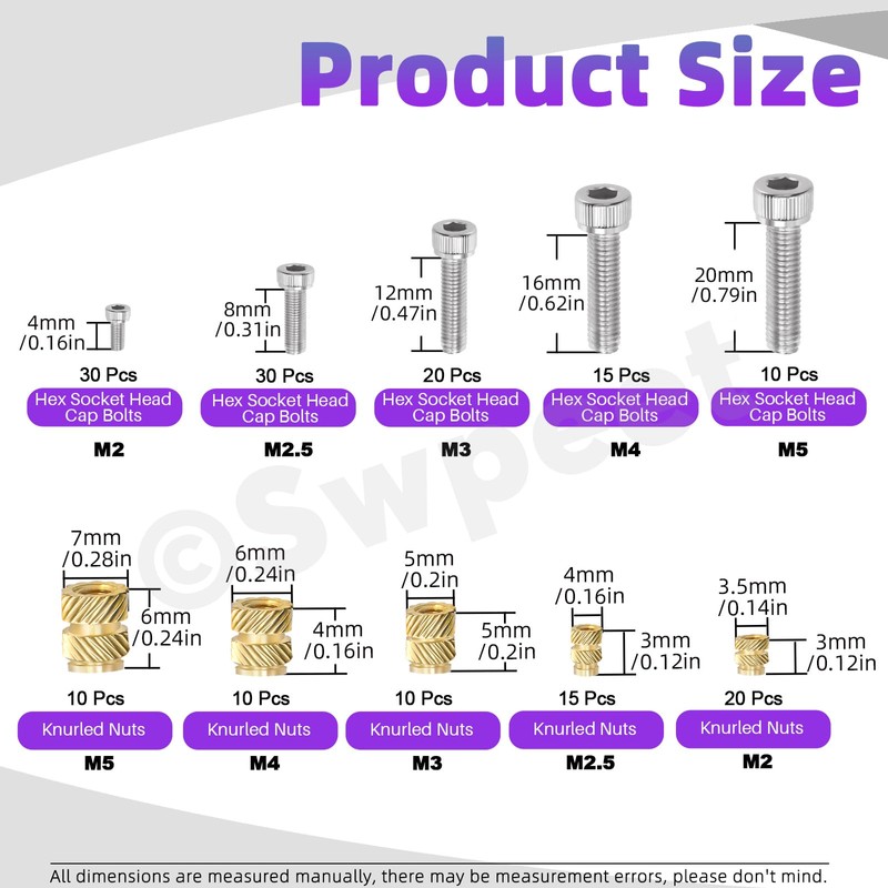 Swpeet 385 Pieces 5 Sizes M2 M2.5 M3 M4 M5