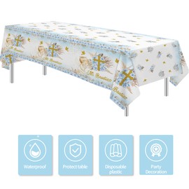 Suhelkit Mi Bautizo Boy Baptism Decorations Party Tablecloth, 3 Pack Disposable Blue Floral Religious First Communion Decorations Supplies Table Cover for Gold Bless Christening, 55in x 86in