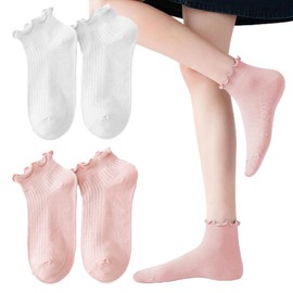 OHREN 4 Pairs of Ruffle Cotton Socks Women's Soft, Comfortable, Breathable, Elegant Ankle Socks for Women, Girls