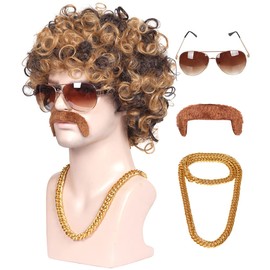 ColorGround 4-Pieces Chain and Moustache and Short Curly Wig for 70'S Disco Party (Brown with Blonde (4 pieces set))