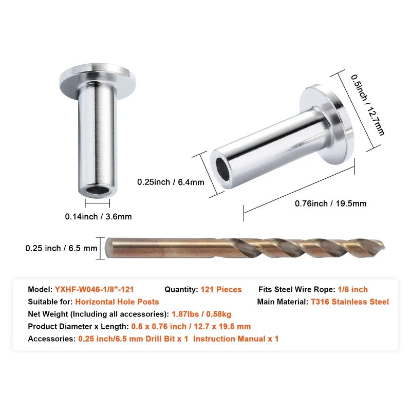 121 Pack T316 Marine Grade Stainless Steel Protector Sleeves 1/8\"
