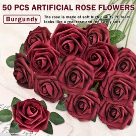AWCCXMYM 50Pcs Dark Red Roses Artificial Flowers Foam Fake Flowers Real Looking Silk Roses for Dream Wedding Flowers Bridal Shower Party Tables Home Decoration DIY Plant Art