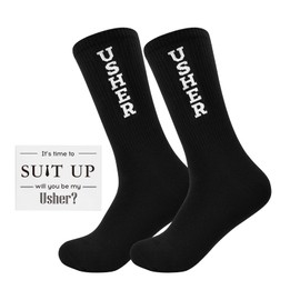 CARAKNOTS Groomsmen Socks for Usher Funny Usher Socks Groomsmen Gifts for Wedding Bachelor Proposal Gifts Black Cotton Novelty Dress