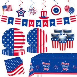 4th Fourth of July Party Supplies Favors for 250th Anniversary, Patriotic Red White Blue Plates,Napkins,Cups,Tablecloth,Hanging Decorations for 25 Guests, USA Accessories for Memorial Independence Day