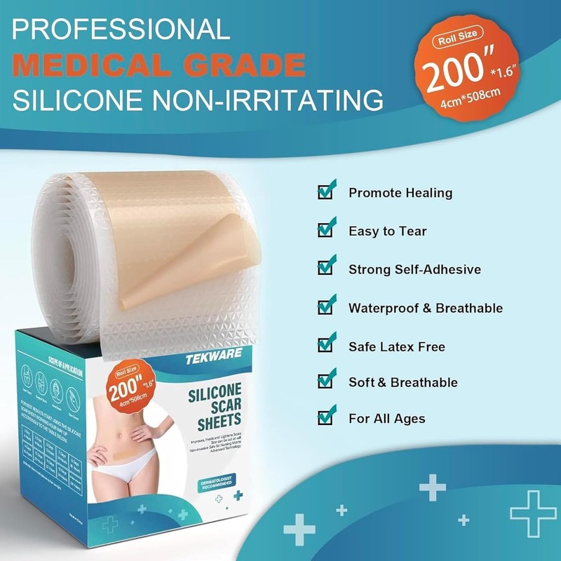 Extra Long Silicone Scar Sheets (1.6” x 200” Roll-5M), Silicone