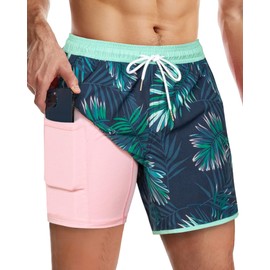 SURF CUZ Mens Swim Trunks with Compression Liner 5" Swimming Trunks 5 Inch Retro Swim Shorts with Zipper Pockets,Pink Green Fern,L