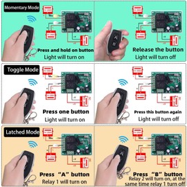 QIACHIP 12V 24V Wireless RF Remote Control Relay Switch Universal 2 Ch 433MHz Receiver Momentary or Toggle Switch with 2 Transmitters for Garage Door Openers LED Lights Motor Curtain