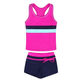 Febbabe Girls Swimsuits Two Piece Bathing Suits Kids Racer Back Tops Swim Shorts Tankini Set Boyshort Swimwear Summer Holiday Beach Water Sport Swimming Costume Hot Pink Age 8-9 Years