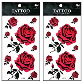 Tattoos 2 Sheets Flowers Valentine's roses Red Temporary Tattoos Body Leg Arm Waist Art Decal Sticker Removable 3D Style Fashion tattoo For Men Women