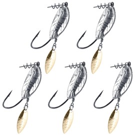 Alwonder 5-Pack Weighted Swimbait Hooks with Underspin, Pin SPring Fishing Hook with Willow Spinner Blades Gold, 3/16oz Bass Hooks Swivels Spinnerbait Weedless hook for Soft Fishing Lures