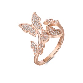 Ever Faith Butterfly Open Rings for Women Girls, Dainty Rose Gold Plated CZ Adjustable Cuff Animal Wrap Stacking Statement Rings Delicate Finger Band Jewelry for Party