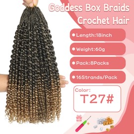 Goddess Box Braids Crochet Hair 8 Packs with Curly Ends Pre Looped Boho Water Wave Crochet Hair Deep Wavy Ends Gogo Curl Crochet Hair with Jerry Curly Extensions for Black Women (T27#, 18inch)
