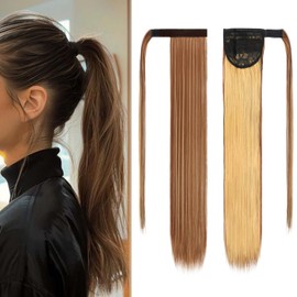 Ponytail Extensions Long 30 Inch Straight Fake Pony Tail Clip in Hair Extension Wrap Around Ponytail Extension for Women (Brown mixed gold-12H22)