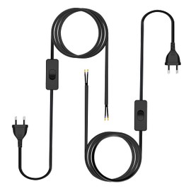 Cable with Switch and Plug, Cable with Switch HuLuWa 3 m Power Cable with Switch, Euro Flat Plug, H03VVH2-F 2 x 0.75, 2 Wires, IP20, for Lights, Lamps, Bulbs (Black, Pack of 2)