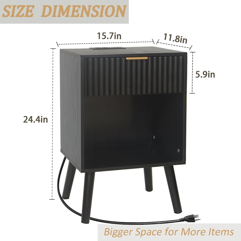 Fultyle Fluted Black Nightstand with Charging Station, Mid Century Modern