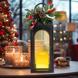 Lanterns Decorative Indoor, Decorative Lanterns with Remote and Timer,16 inch Black Electronic Wax Iron Wind lamp, Indoor Home Table Fireplace Farmhouse Decorations