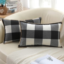 decorUhome Christmas Buffalo Plaid Check Throw Pillow Covers 12x20 Set of 2, Outdoor Lumbar Decorative Farmhouse Pillow Covers with Stitched Edge for Bed Couch Sofa, Black and White