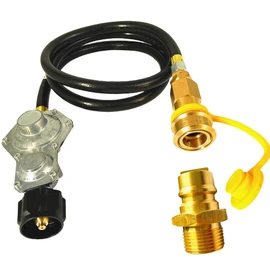 MCAMPAS 5FT Two Stage Propane Regulator & Hose with QCC1/Type1 & 3/4" Female Male Quick Connect Disconnect Fittings – 190000 BTU/Hr Flow, Compatible with Tri Fuel Generators, Gas Appliances