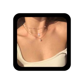 Allereya Crystal Butterfly Necklace Pearl Pendant Necklace Small Pearl Necklace Gold Layered Necklace Vintage Jewelry for Women and Girls