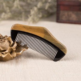 Natural Buffalo Horn Comb with Green Sandalwood Detail, Hand-Carved - 11cm Horn Comb 4ea