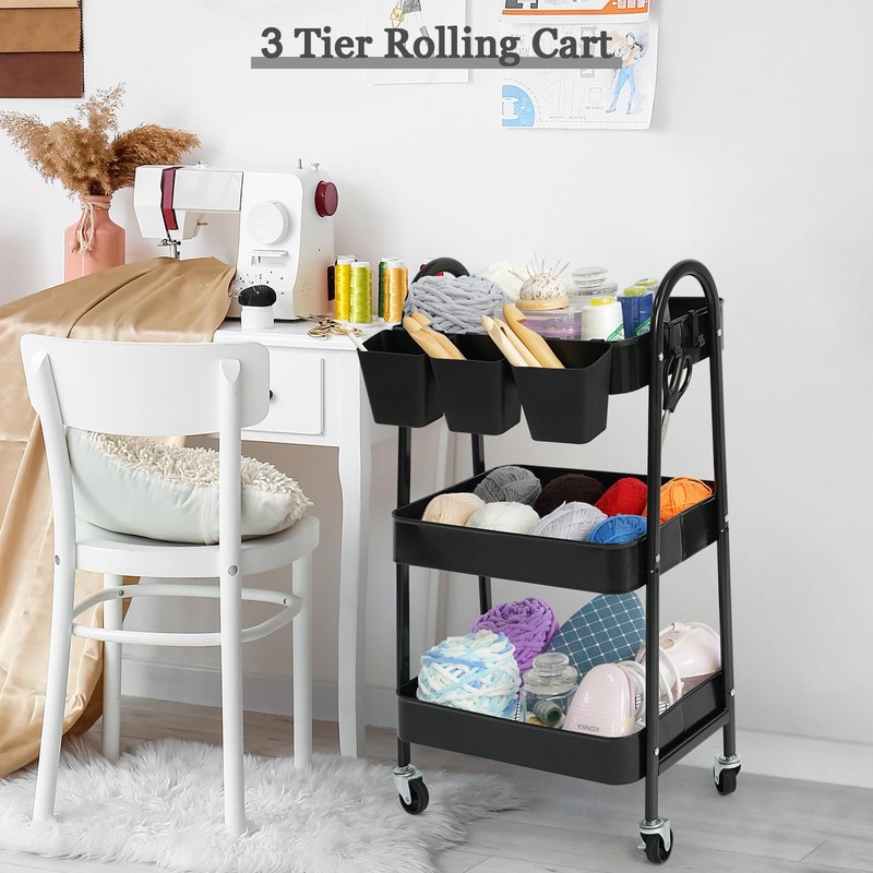 danpinera 3-Tier Rolling Cart, Utility Cart Mobile Metal Rolling Storage