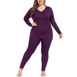 COOTRY Plus Size Thermal Underwear for Women Long Johns Base Layer Winter Top and Bottom Sets V Neck Purple 3XL
