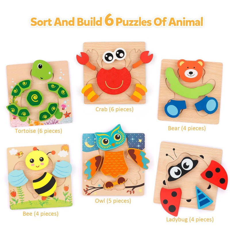 Coogam Wooden Jigsaw Puzzle Set, 6 Pack Animal Shape Color