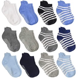 HYCLES 12 Pairs Toddler Girls Socks, Non Slip Kids Socks Cotton Crew Grips Sock for 5-7 Years Kids Girls Boys