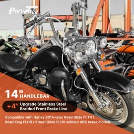 Front Brake Line 14" Handlebars Extension Brake Cable NO ABS for Harley 2014-2023 Harley Touring Road King/Road Glide/Street Glide/Electra Glide Models, +4" Extended, Stainless Steel Braided, Chrome