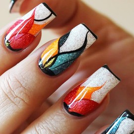 Black French Tips Press on Nails Curve Line Stick on Nails Medium Square Acrylic Full Cover False Nails Glossy Colorful Glitter Fake Nails 24Pcs Fire Pattern Gel Glue on Nails for Coquette Women Girls