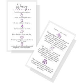 Boutique Marketing LLC Waxing Aftercare Cards | 50 Pack | Size 2 x 3.5” inches Business Card Size | Hair Removal Aftercare Kit | White with Purple Design