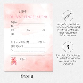 Generisch 12 x Invitation Cards for Girls Children's Birthday - Cute Glitter Cards with Ballerina Motif