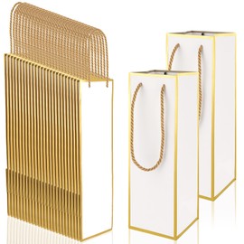 EupHHonycs 50 Pack Elegant Wine Gift Bags 4" X 4" X 13.8" Gold Foil White Bags with Handles Reusable Liquor Bags with Gold Foil Print for Birthday Party Wedding Bridal Shower