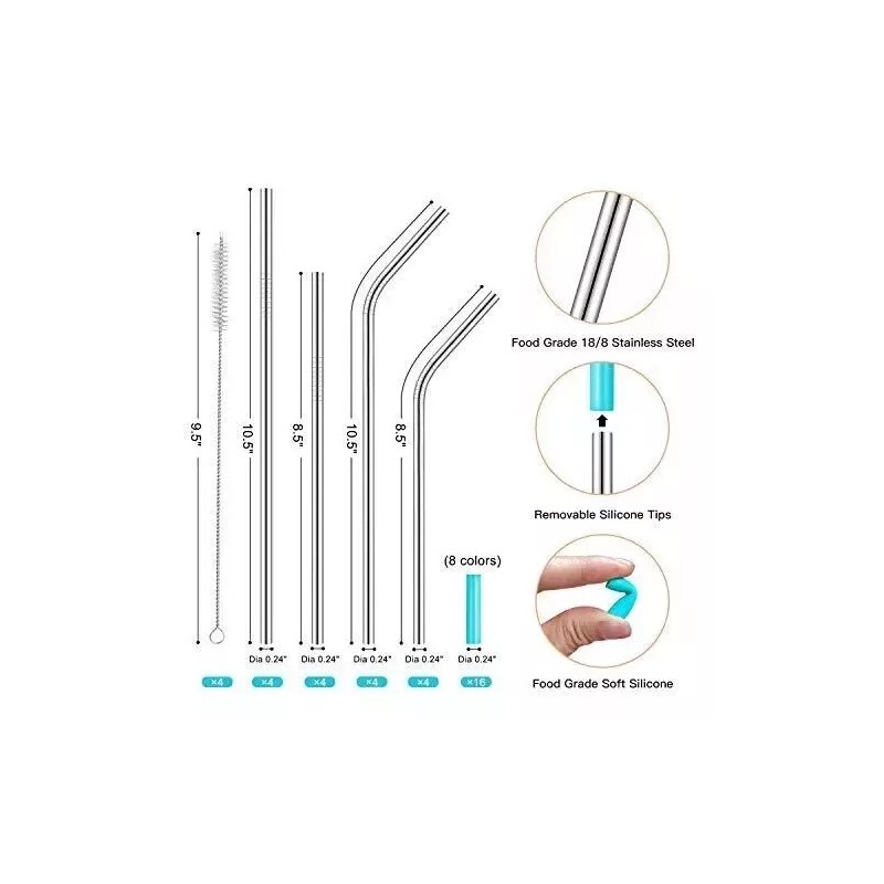 16 Pack Reusable Stainless Steel Straws with Silicone Tips Metal