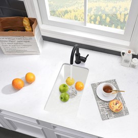 10 Inch White Bar Sink Undermount-VASOYO 10x18 Inch Undermount Wet Bar Sink Small Rv Kitchen Sinks White Quartz Composite Deep Single Bowl Small Kitchen Sinks with Bottom Grid