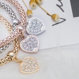 SILANER Crystal Charms Multilayer Bracelets - 3PCS Gold/Silver/Rose Gold Corn Chain Bracelet for Women, Tree of Life Heart Shaped Stretch Bracelet (PAVE CRYSTAL HEART CHARM)