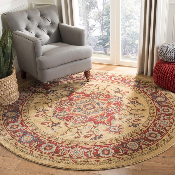 SAFAVIEH Mahal Collection MAH698A Traditional Oriental Non-Shedding Dining Room Entryway Foyer Living Room Bedroom Area Rug, 6'7" x 6'7" Round, Red / Natural
