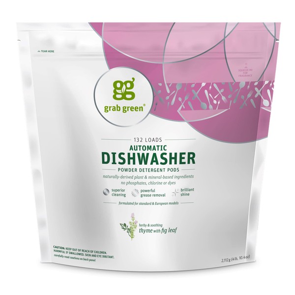 Grab Green Automatic Dishwashing Detergent Pods, 132 Count, Thyme Fig Leaf Scent, Plant and Mineral Based, Superior Cleaning, Powerful Grease Removal, Brilliant Shine