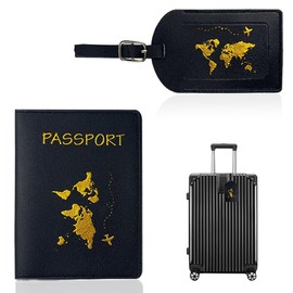 JEYORZY Passport Holder, Passport Holder and Suitcase Tag Set, Passport Organiser, Passport Cover, PU Leather Luggage Tag, Passport Cover for Credit Cards, ID and Travel Documents, Pack of 2