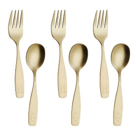 ANNOVA Kids Silverware Children's Safe Flatware Set Stainless Steel - Children Forks, Children Dinner Spoons, Toddler Utensils, Metal Cutlery Set for LunchBox (Engraved Dog Bunny) (Gold, 6)