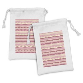 Lunarable Dusty Rose Fabric Pouch Set of 2, Doodle Style Waves Horizontal Stripes Simplistic Cheerful, Small Drawstring Bag for Toiletries Masks and Favors, 9" x 6", Dried Rose Pale Pink