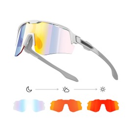 VIKISOIO Photochromic Cycling Glasses Sports Sunglasses for Men Women, UV Protection, Mountain Bike MTB Bicycle Riding, White Frame - Red Len, Large