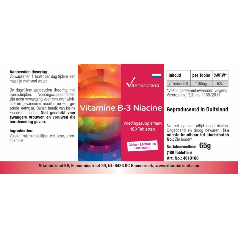 Vitamin B3 Niacin 100 mg - 180 Tablets - For