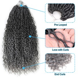 Boho Goddess Locs Crochet Hair for Black Women 96 Strands Soft Faux Locs with Curly Ends, Pre-Looped Crochet Braids Ombre Grey 18 Inch