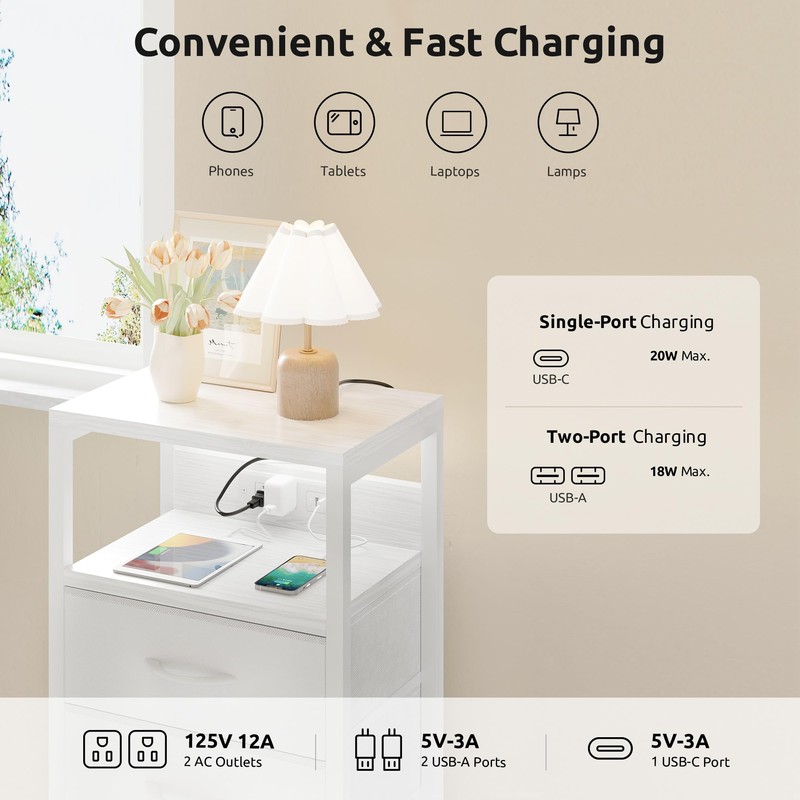 Lazzanto NightStand Bedside Charging Table Bedroom - White Night Stand