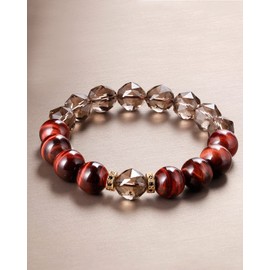 Jewever Natural Smoky Quartz Crystals with Red Tiger Eye Bracelets for Men Women Amulet Energy Healing Bring Wealth Prosperity Lucky Beads Jewelry Gifts Unisex