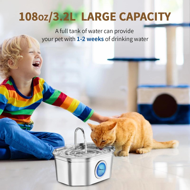 Apauk Cat Water Fountain Stainless Steel 108oz/3.2L APAUK Automatic Pet