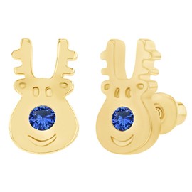 Round Simulated Blue Sapphire 925 Sterling Silver Christmas Reindeer Stud Earrings