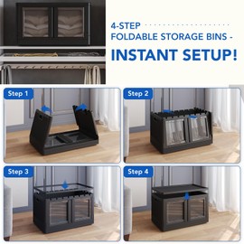 FLEXIMOUNTS Stackable Storage Bins With Lids, Collapsible Plastic Storage Bins, 150 QT-4 Pack Closet Organizers and Storage Containers with Doors For Home, Black, 19" L x 12.2" W x 45.5" H